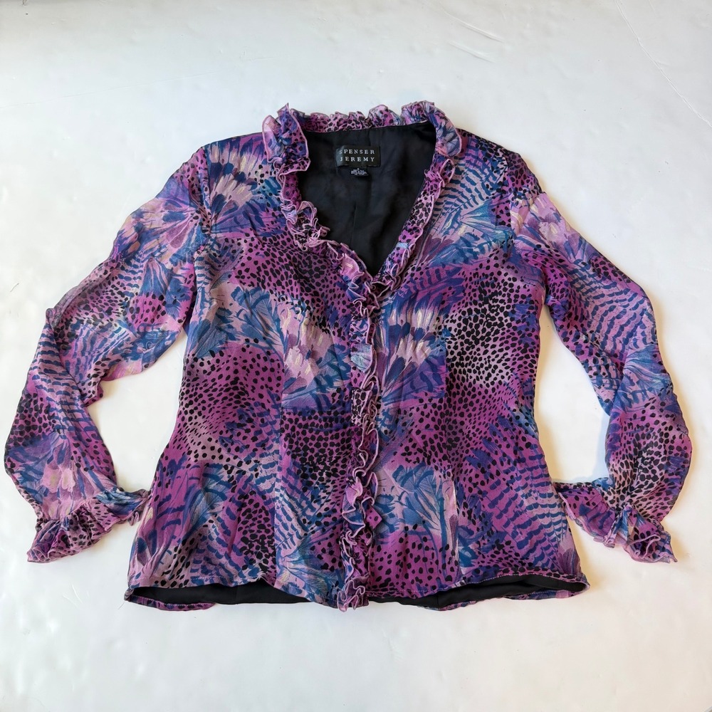 Spenser Jeremy 100% Silk Leopard Purple Ruffle Blouse Fairy Grunge Whimsigoth 6